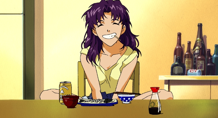 misato about to destroy a can  of beer